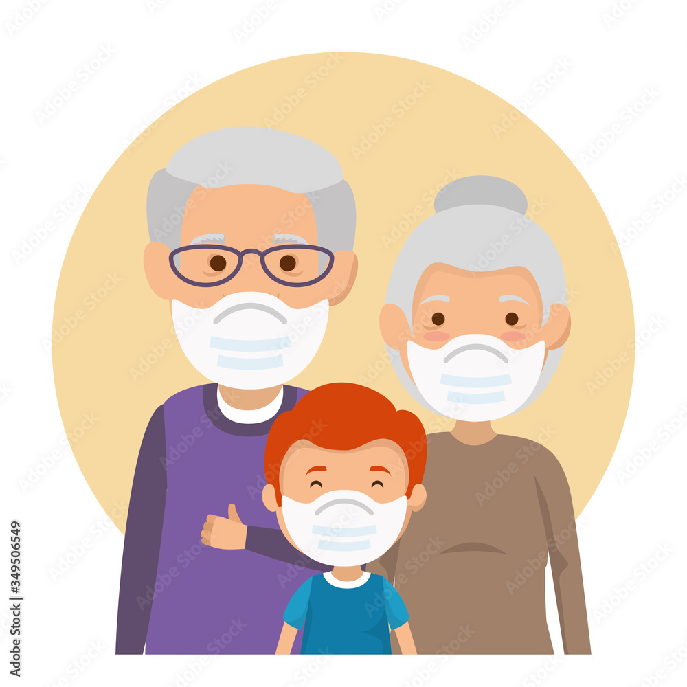 grandparents couple with grandchild using face mask vector illustration design