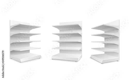 Set of white empty store shelves isolated on a white background. Shelving for retail. Showcase template. Vector illustration