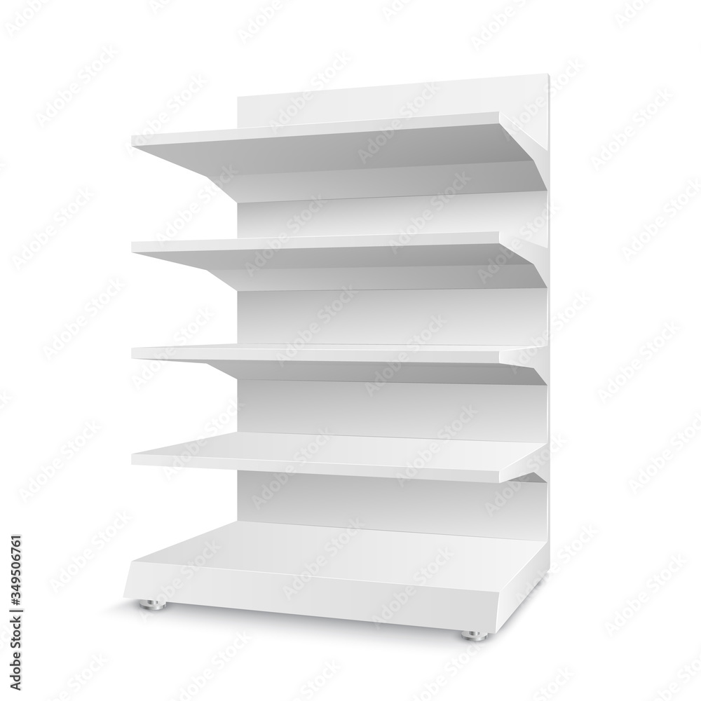 White empty store shelves isolated on a white background. Shelving for retail. Showcase template. Vector illustration White empty store shelves isolated on a white background. Shelving for retail. Showcase template. Vector illustration