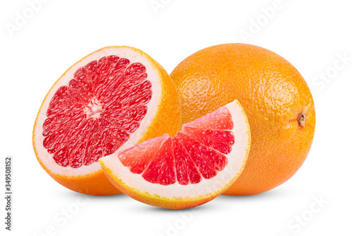 Ripe half of pink grapefruit citrus fruit isolated on white background. full depth of field