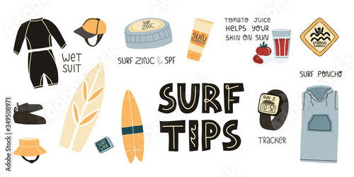 Surf tips and some secrets, useful recommendations set. Wet suit and SPF skincare like zinc and sunscreen, tomato juice, long poncho for comfort and quick changing of clothes, tracker watch and others