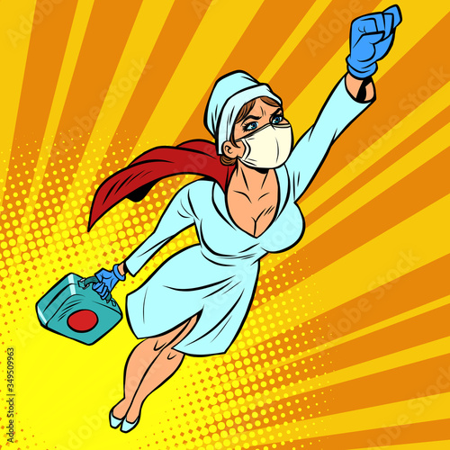 super hero nurse flying with a vaccine against the virus