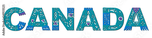 Canada. Isolated inscription with national ethnic ornament in blue colors. Canada for web, booklet, poster, banner, flyer, cards and prints on clothing, t-shirts. Stock vector illustration.