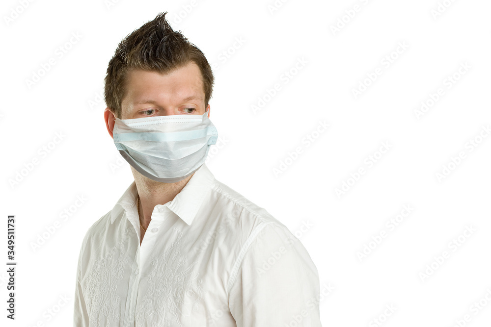 Man in protective medicalmask isolated on white Man in protective medicalmask isolated on white