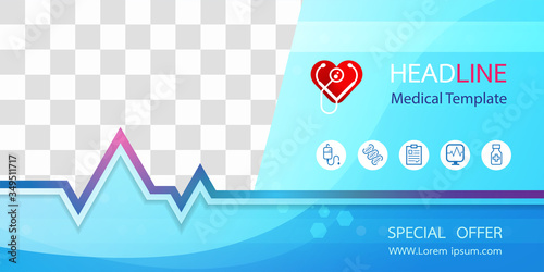 Medical banner with medical icon Blue background and space for your image. For designing templates With concepts in technology, health care, science and research.