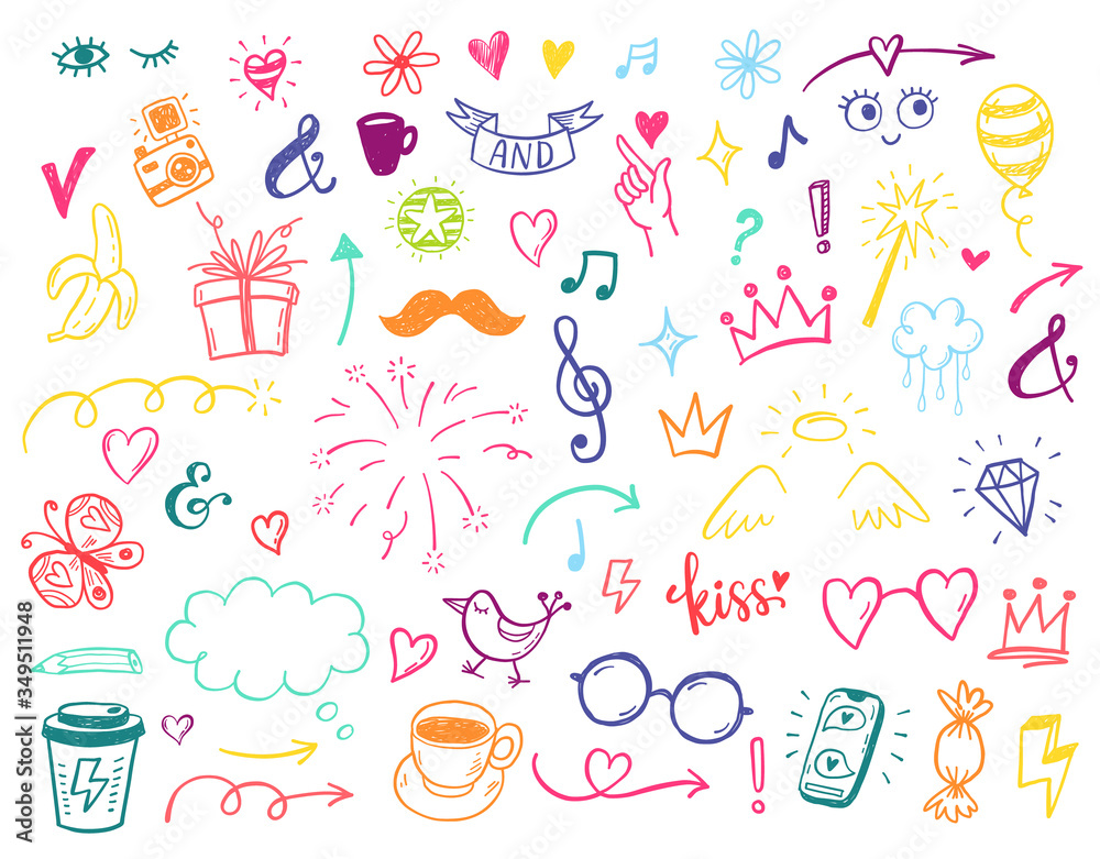 Fototapeta premium Happy positive Kids doodles, funny hand drawn set, education, kindergarden, adventure, birthday, holidays, social media, blogging illustrations