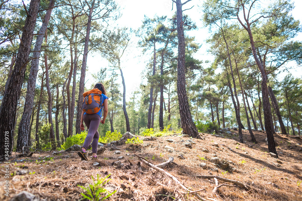 Fototapeta premium A girl with a backpack goes along a mountain trail.