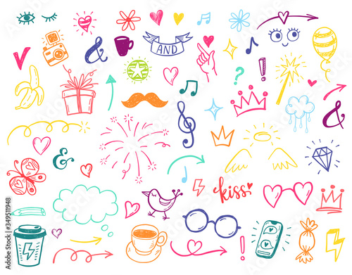 Happy positive Kids doodles, funny hand drawn set, education, kindergarden, adventure, birthday, holidays, social media, blogging illustrations
