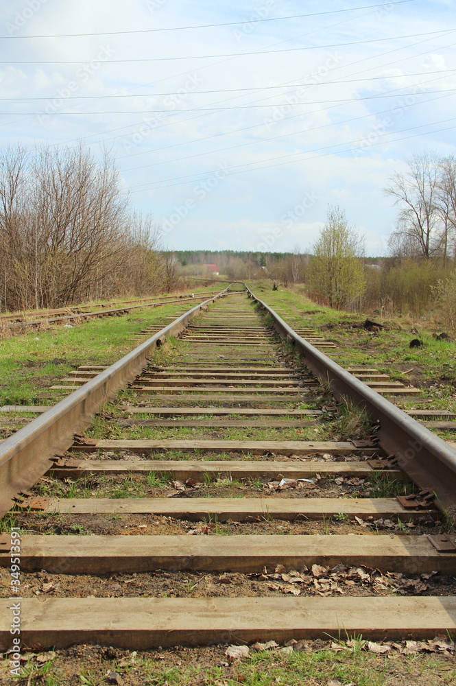 Obraz premium The railway stretching into the distance against the background of young green grass and trees in spring.