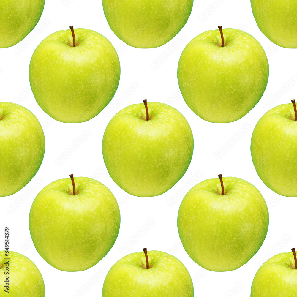 Pattern of green apples on a white background. Isolated fruits. Image for fabric, wallpaper and wrapping paper. Pattern of green apples on a white background. Isolated fruits. Image for fabric, wallpaper and wrapping paper.