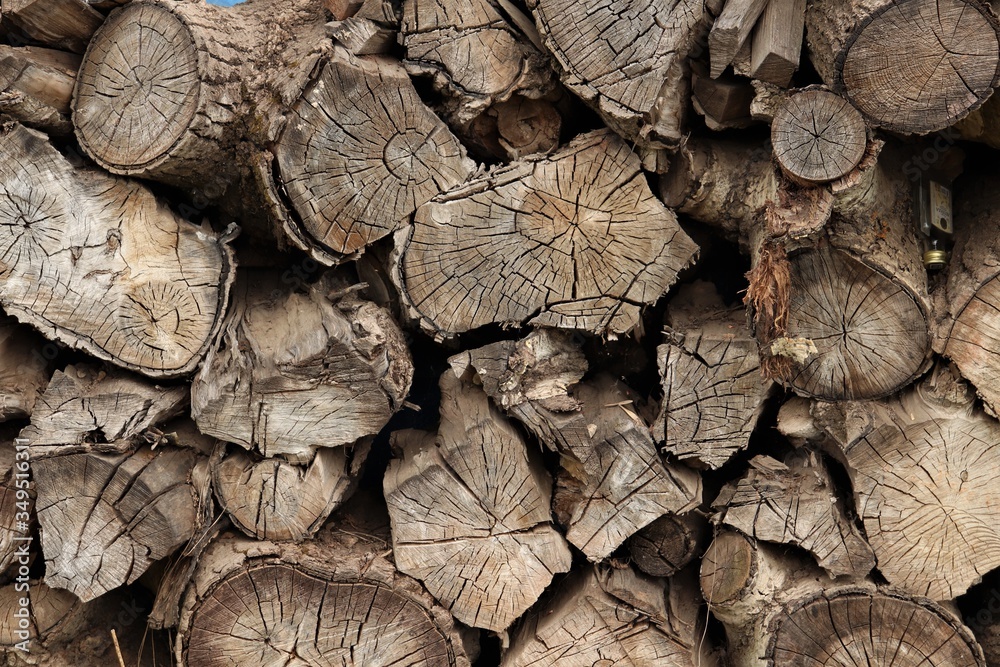 Chipped firewood is neatly stacked. Chipped firewood is neatly stacked.