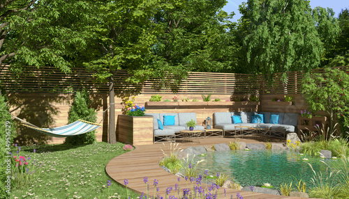 3d illustration - Garten mit Teich und einer Sitzecke und einer Hängematte - Sommer