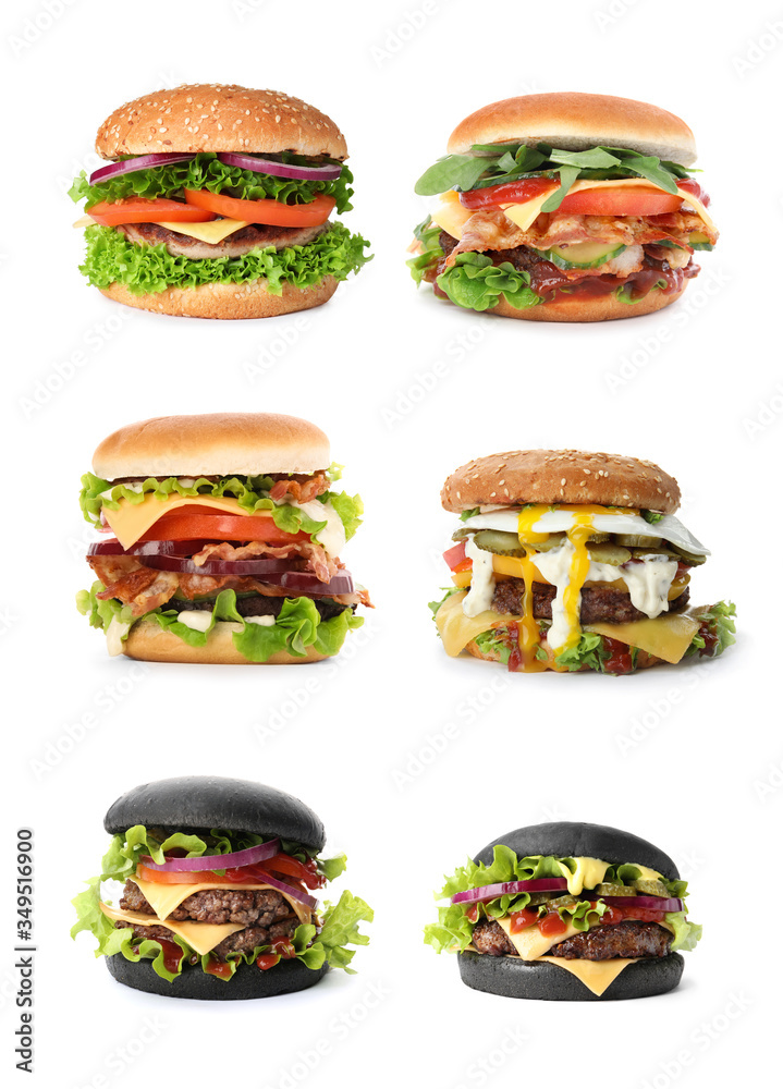 Set of different delicious burgers on white background Set of different delicious burgers on white background