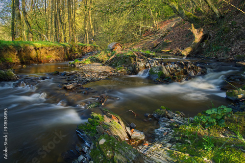 A river Rinderbach in the forest flowing between rocks. 