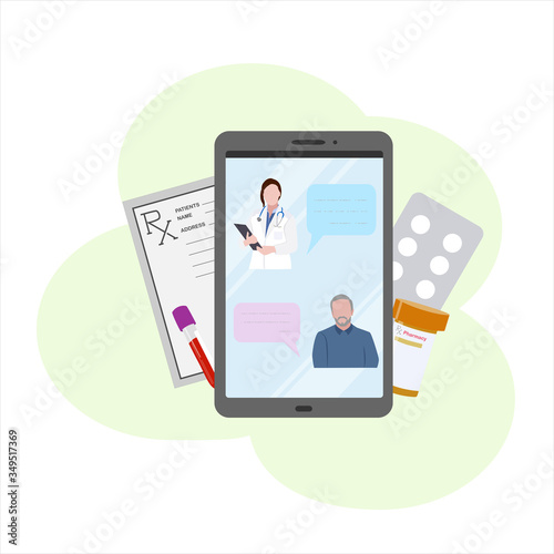 vector illustration the patient communicates with the doctor by online messaging on the phone, medication prescription, blood test, medication, online medicine