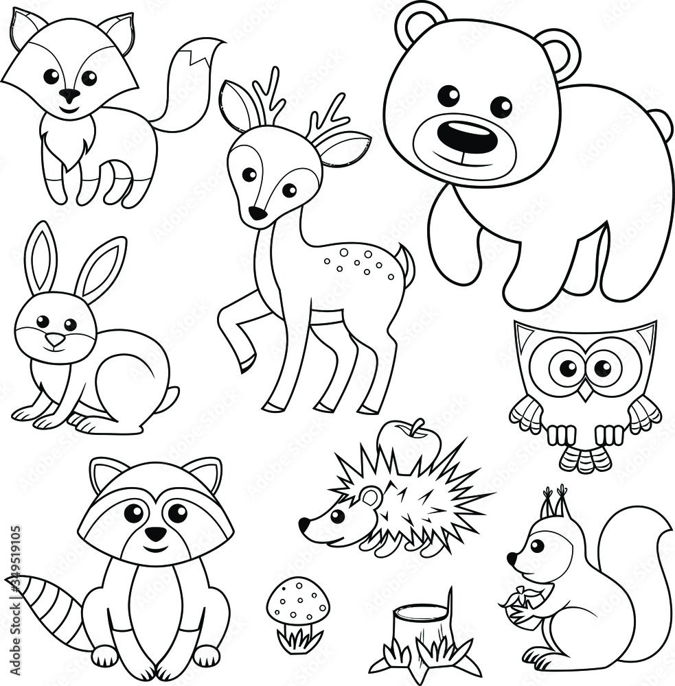 Forest animals. Fox, bear, raccon, hare, deer, owl, hedgehog, squirrel, agaric and tree stump.