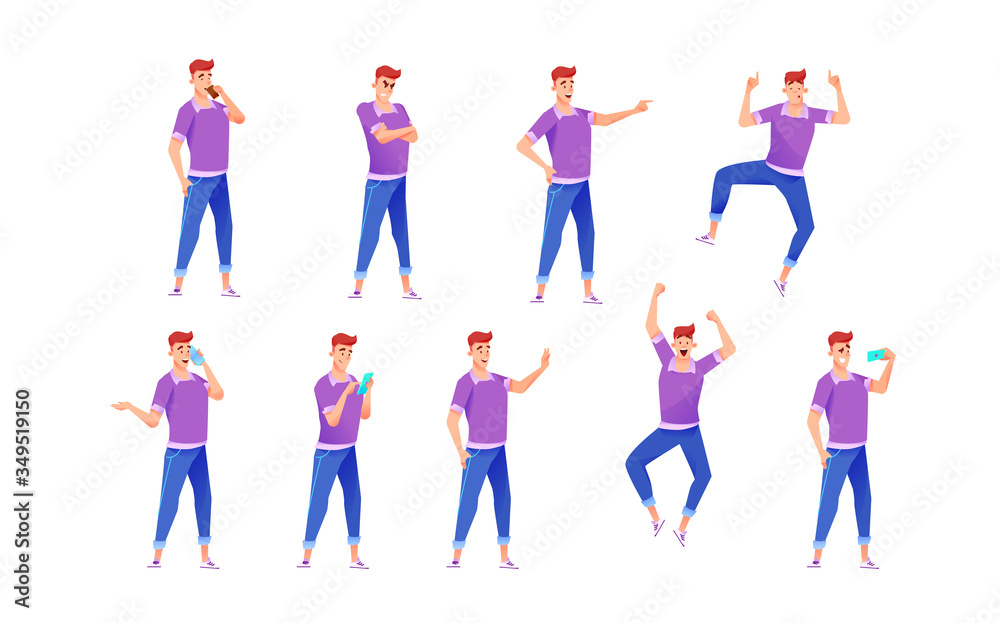 Vector cheerful young man in jeans poses set