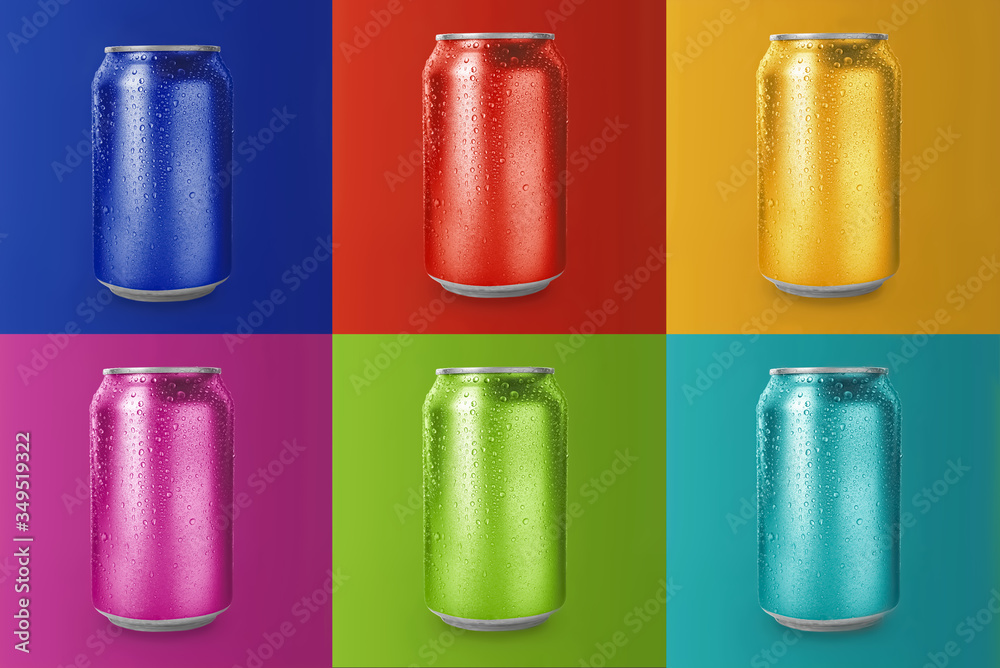 Collage with aluminum cans on different color backgrounds Collage with aluminum cans on different color backgrounds
