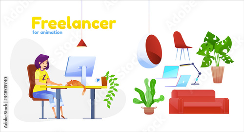 Vector female flat freelancer girl with cat