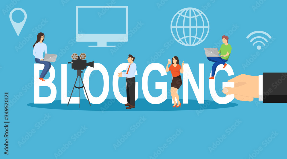 Blogging, people have a personal blog. Hand holds the inscription blogging with mini characters people bloggers. Remote work, freelance. Vector illustration. Blogging, people have a personal blog. Hand holds the inscription blogging with mini characters people bloggers. Remote work, freelance. Vector illustration.