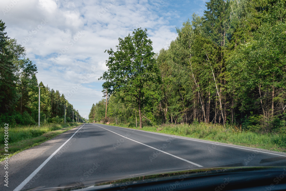 Road trip across home country because of travel ban - prohibition on journey abroad. Domestic tourism. Car moves on road through sunny summer forest.