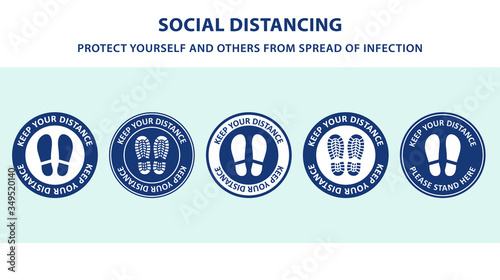 Social distancing concept. Vector of footprint sign red color with text keep your distance for print floor. Protection from Covid-19, Coronavirus outbreak spreading illustration, sign and sticker