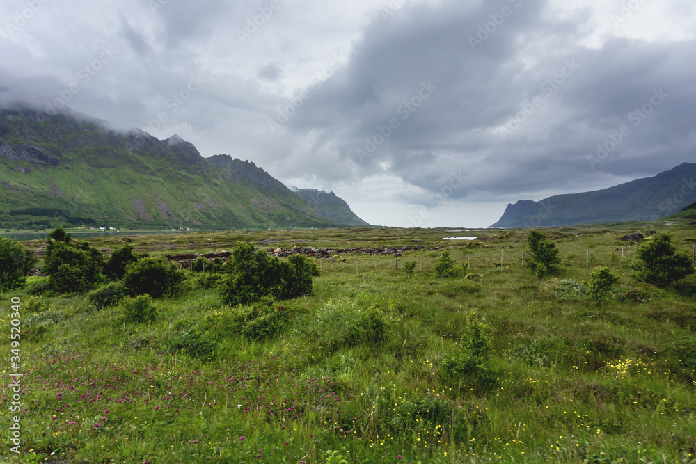 Beautiful scandinavian landscape with meadows, mountains and stormy sky. Lofoten islands, Norway.