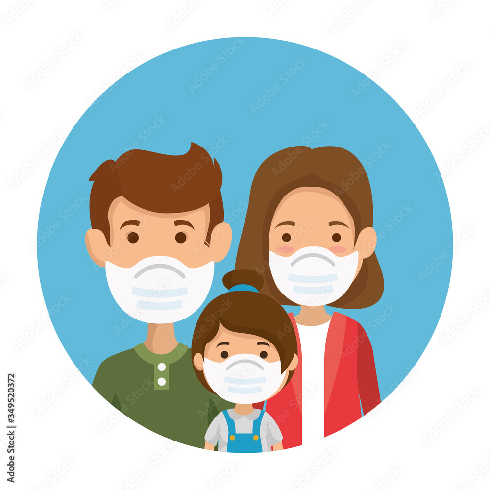 parents with daughter using face mask in frame circular vector illustration design parents with daughter using face mask in frame circular vector illustration design