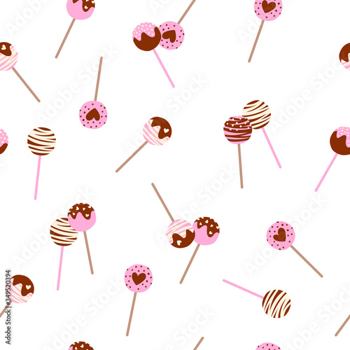Vector seamless pattern of cake pops with different tastes. Isolated on white. Strawberry, chocolate and vanilla tastes. Sweets background. Cartoon style.