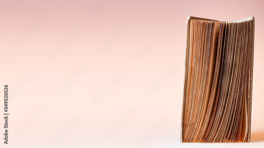 Naklejka premium Banner with opened old book. Book with shabby covers and ragged pages on light pink background with copy space.