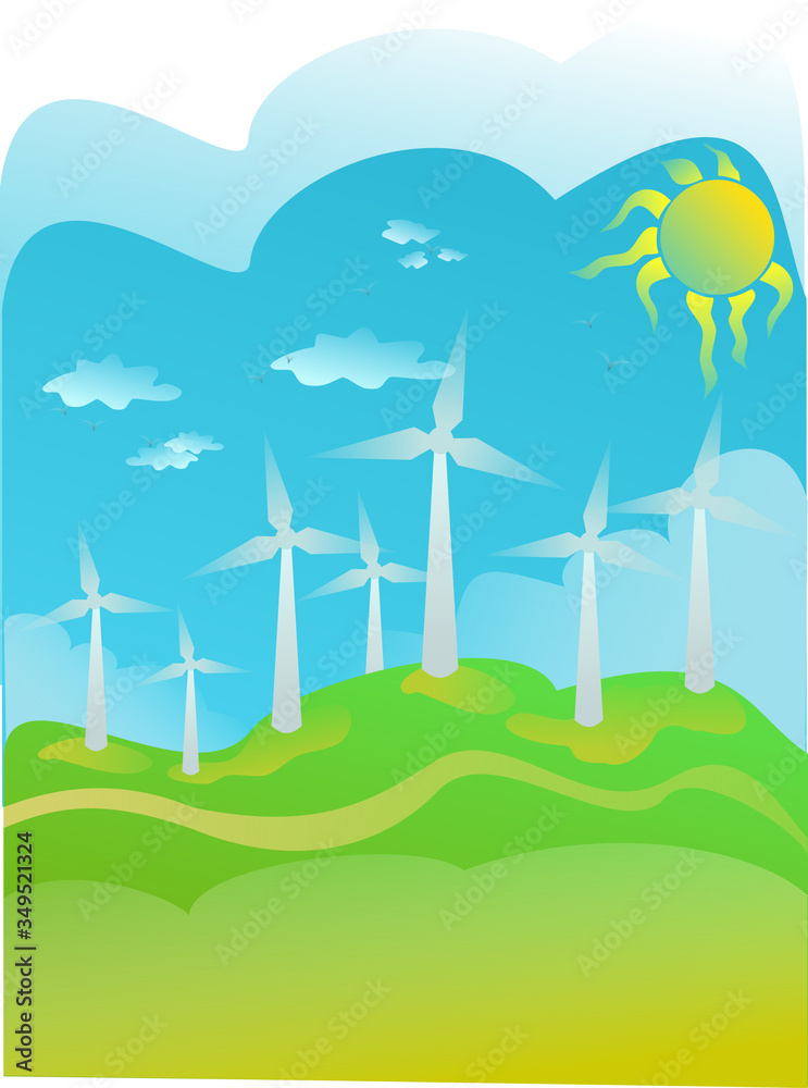 green landscape with wind turbines
