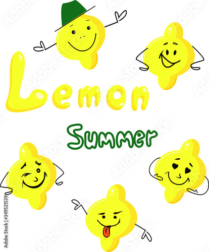 Lemon funny characters card . Fresh fruits emotions and various poses. Vector mascot yellow lemon with happy face. Illustration of fruit fresh lemon isolated on white with text Lemon Summer