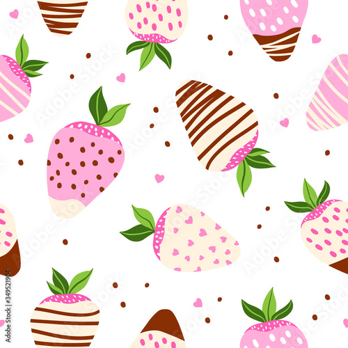 Seamless vector pattern of dark and white chocolate covered strawberries. Berry isolated background. Food illustration. Dessert pattern. Strawberries in chocolate.