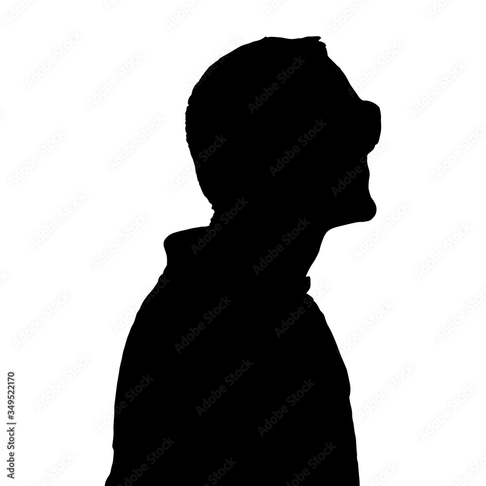 Vector illustration of man silhouette isolated on white background. Young male face with sunglasses. Adult person in T-shirt looking straight ahead. Side view. 