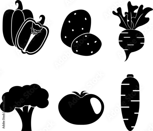 Vegetables raw vector icon set cartoon design, potato, broccoli, bell pepper, carrot, radish and tomato