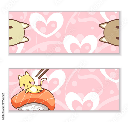 Cute cat and salmon sushi with heart, sweet pink wallpaper cover. Cover banner poster and product. Vector illustration. Used for website cover page design and digital media products.
