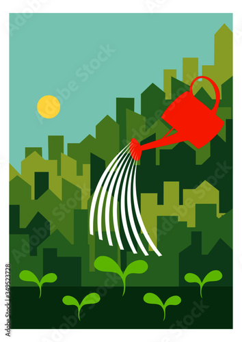Rooftop urban farming, gardening or agriculture concept. Watering can watering green sprouts on the rooftop with  city tower buildings on the background. Brochure , cover, flyer A4