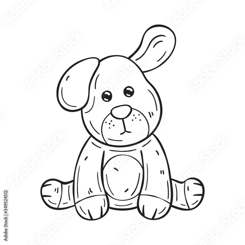 Black and white illustration of a funny cartoon dog. On white background