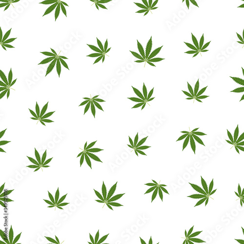 Cannabis seamless pattern. Marijuana leaf  green weed plant. Hashish texture  isolated white background. Hemp psychedelic grass. Fabric print for medical wallpaper. Simple design Vector illustration