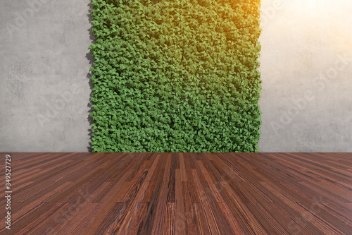 Generic 3D illustration of vertical garden and concrete wall with modern wooden floor, cement wall with wood ground in inner courtyard