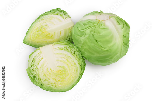 Green cabbage with half isolated on white background with clipping path and full depth of field. Top view. Flat lay
