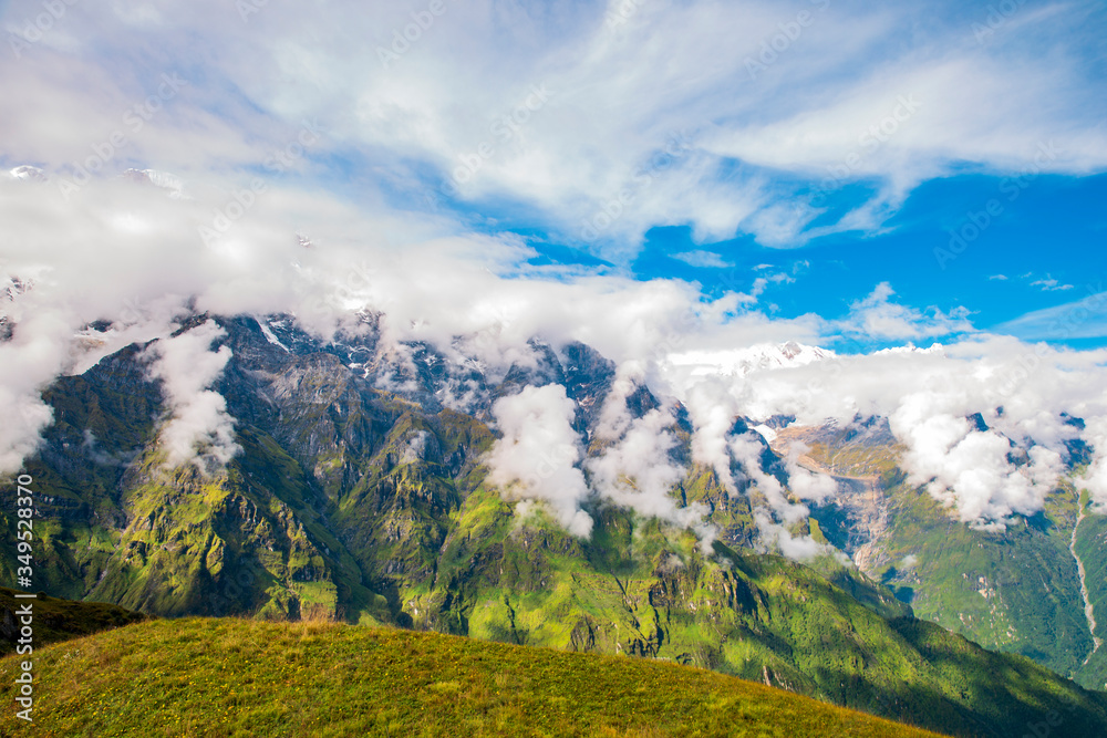 Landscape view of higher mountain view with cloudy sky cloudscape in summer Landscape view of higher mountain view with cloudy sky cloudscape in summer