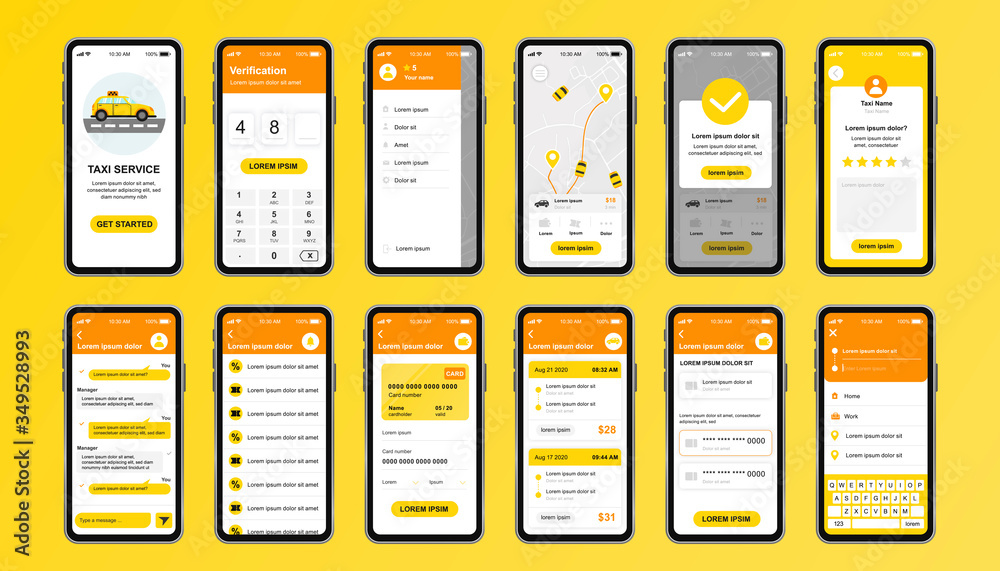 Taxi service unique design kit for mobile app. Online taxi booking screens  with route, chat, rating and taxi fare. Transportation service UI, UX  template set. GUI for responsive mobile application. Stock Vector