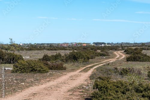 Winding dirt road in a barren alvar landscape