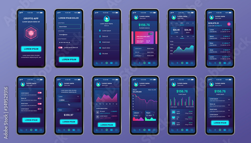 Cryptocurrency unique design kit for mobile app. Bitcoin mining screens with progress charts and financial analytics. Cryptocurrency platform UI, UX templates. GUI for responsive mobile application.