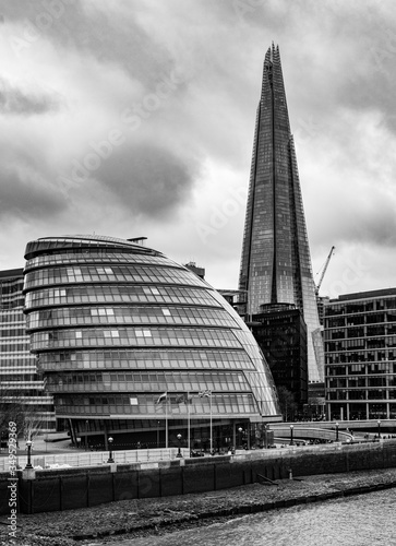 Black and white photography of modern buildings.