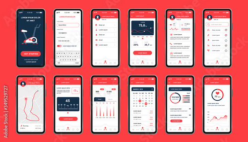 Fitness workout unique design kit for mobile app. Fitness tracker screens with running route planner, analytics and burned calories. Sport UI, UX template set. GUI for responsive mobile application.