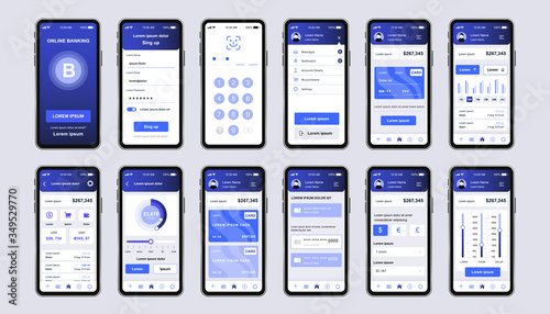 Online banking unique design kit for app. Mobile wallet screens with financial account and transaction confirmation. Financial management UI, UX template set. GUI for responsive mobile application.