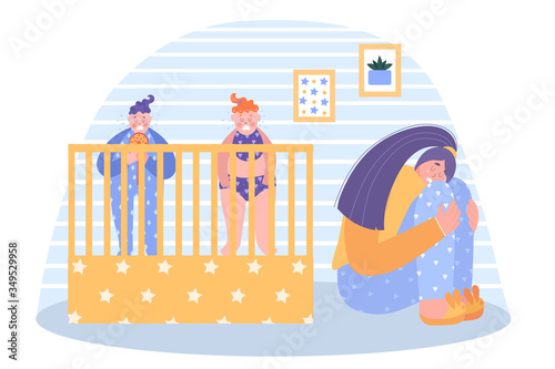 Postpartum depression concept. Two babies scream out loud. Mom sits and cries. Vector illustration.