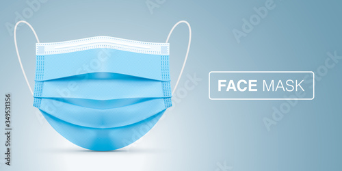 Medical blue face mask, vector illustration. Virus protection surgical mask, standing on gray gradient background in a front view. Disease protective disposable mask with elastic ear loop band.